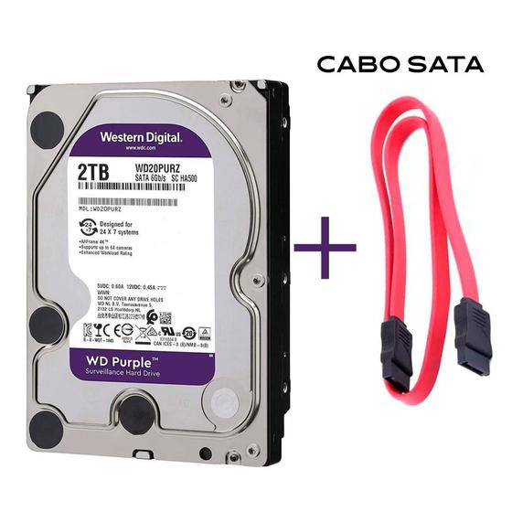 HD Western Digital Purple 2TB Sata III WD20PURZ com Cabo Sata Conector ...