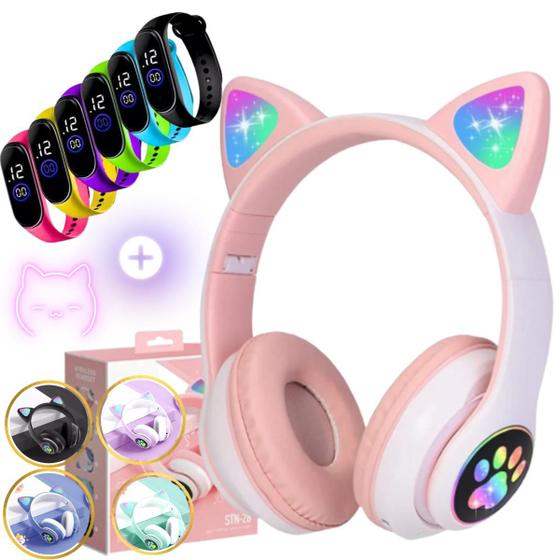 Headset Fone De Ouvido Bluetooth Led Orelha Gato e Pulseira Led Digital Menor preço em Headset Fone De Ouvido Bluetooth Led Orelha Gato e Pulseira Led Digital