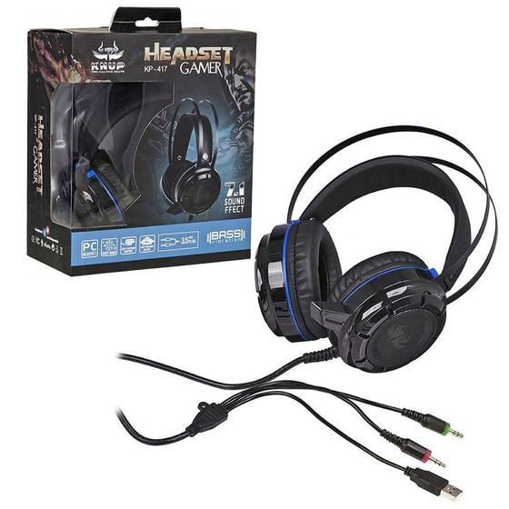 Imagem de Headset Gamer 7.1 com Microfone Azul e Preto com Iluminação USB + P2 Bass Vibration Knup - KP-417