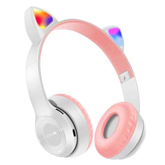 Imagem de Headset Gato Orelha Luz Fone Infantil com fio e Bluetooth Branco