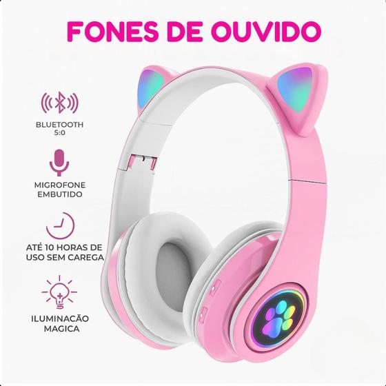 Imagem de Headset Infantil Bluetooth Rosa com Orelha de Gato e LED