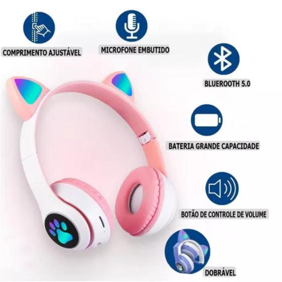 Imagem de Headset Infantil Luz LED Bluetooth Rosa Luz Exclusiva Orelha de Gato