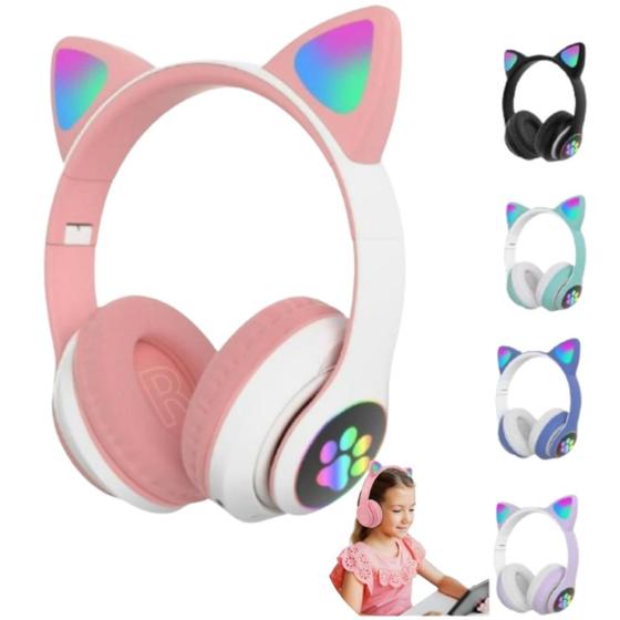 Imagem de Headset Infantil Rosa com Orelhas de Gato Bluetooth e Luz LED Colorida