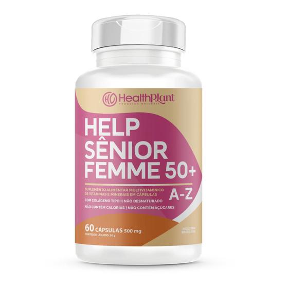 Imagem de Help Sênior Femme 50+ Colágeno tipo2 + 11 Vitaminas e Minerais 60 Cápsulas 500 mg - HealthPlant - Multivitamínico