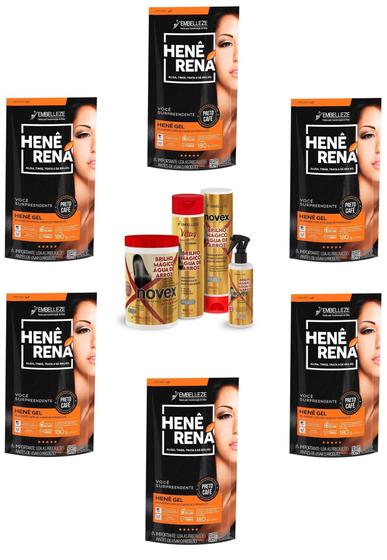 Imagem de Hene Em Gel Rena Preto Azulado 06x180gr Pouch+Brilho Magico Agua de Arroz Kit Tratamento 1Kg Incolor