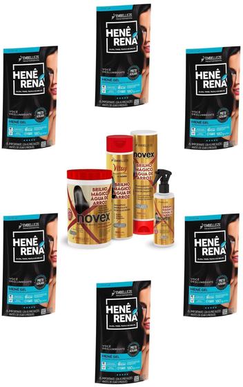 Imagem de Hene Em Gel Rena Preto Azulado 06x180gr Pouch+Brilho Magico Agua de Arroz Kit Tratamento 1Kg Incolor