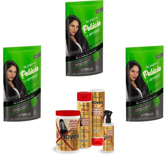 Hene Em Gel Rena Preto Natural 03x180gr Pouch+Brilho Magico Agua de Arroz Kit Tratamento 1kg Incolor - Embelleze Imagem de Hene Em Gel Rena Preto Natural 03x180gr Pouch+Brilho Magico Agua de Arroz Kit Tratamento 1kg Incolor