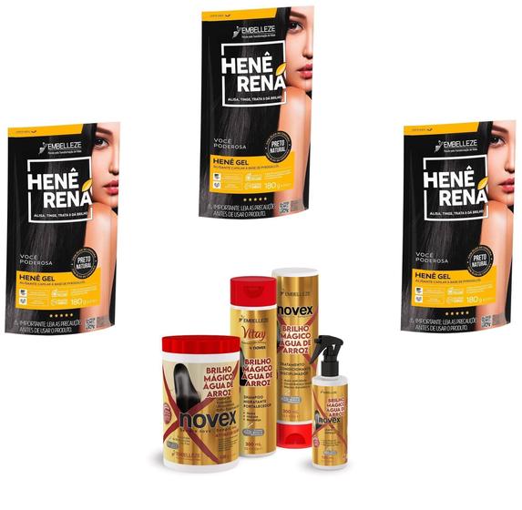 Imagem de Hene Em Gel Rena Preto Natural 03x180gr Pouch+Brilho Magico Agua de Arroz Kit Tratamento 1kg Incolor