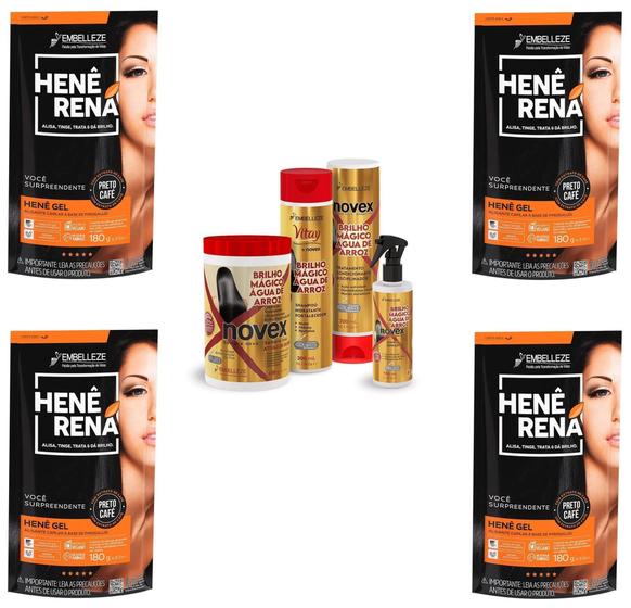 Hene Em Gel Rena Preto Natural 04x180gr Pouch+Brilho Magico Agua de Arroz Kit Tratamento 1Kg Incolor - Embelleze Imagem de Hene Em Gel Rena Preto Natural 04x180gr Pouch+Brilho Magico Agua de Arroz Kit Tratamento 1Kg Incolor