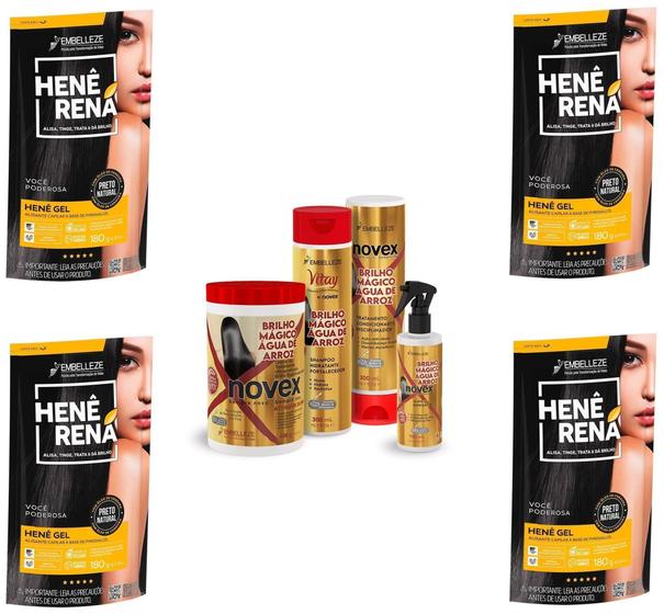 Imagem de Hene Em Gel Rena Preto Natural 04x180gr Pouch+Brilho Magico Agua de Arroz Kit Tratamento 1Kg Incolor