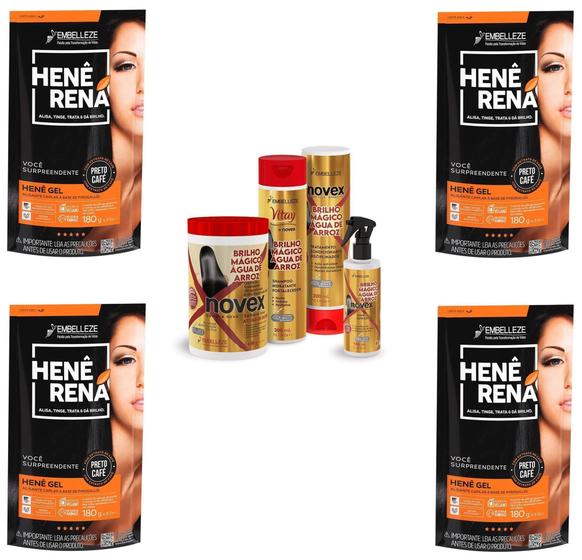 Imagem de Hene Em Gel Rena Preto Natural 04x180gr Pouch+Brilho Magico Agua de Arroz Kit Tratamento 1Kg Incolor