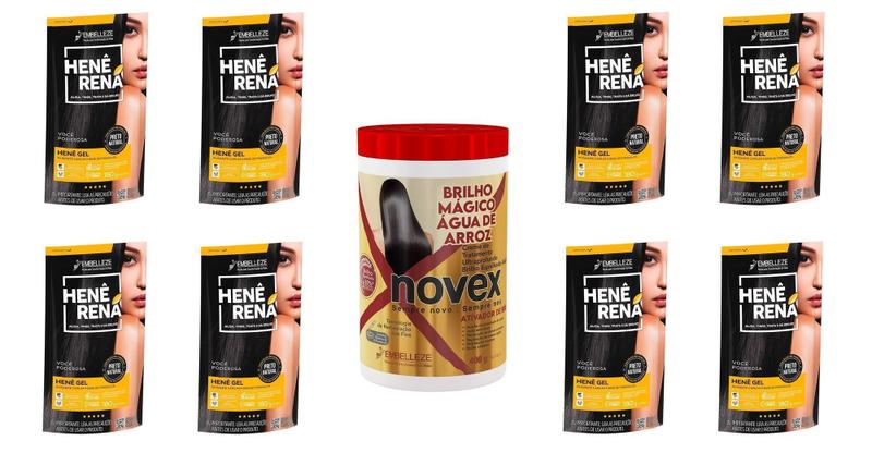 Imagem de Hene Em Gel Rena Preto Natural 08x180gr Pouch+Brilho Magico Agua Arroz 1kg Creme Tratamento Incolor