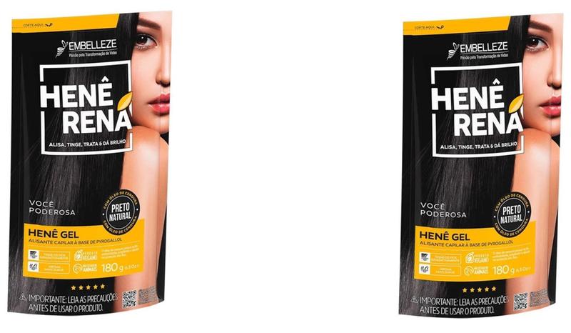 Imagem de Hene em Gel Rená Preto Natural (Preto Medio) 02x180gr Alisa, tinge e Da Brilho Embelleze