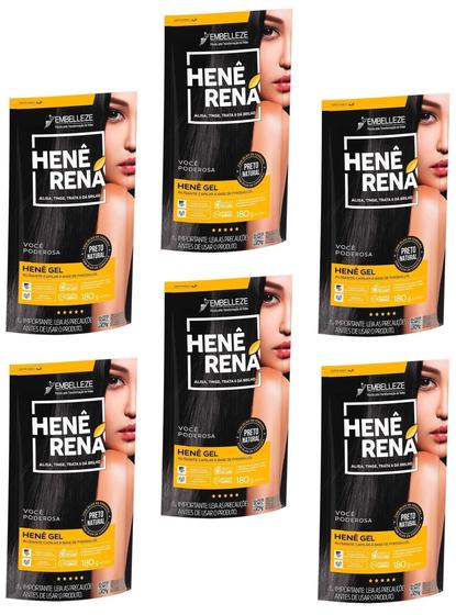 Imagem de Hene em Gel Rená Preto Natural (Preto Medio) 02x180gr Alisa, tinge e Da Brilho Embelleze