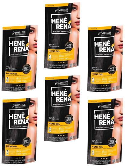 Imagem de Hene em Gel Rená Preto Natural (Preto Medio) 03x180gr Alisa, tinge e Da Brilho Embelleze