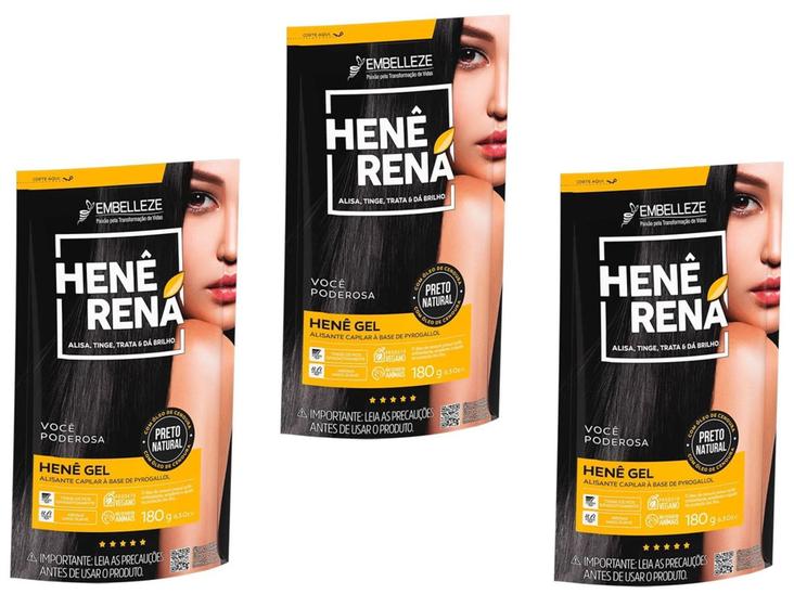 Imagem de Hene em Gel Rená Preto Natural (Preto Medio) 03x180gr Alisa, tinge e Da Brilho Embelleze