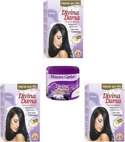 Imagem de Hene em Po Divina Dama 03x50gr (Incolor, Chocolate, Preto, Azulado, Castanho)+Mascara 500gr Incolor