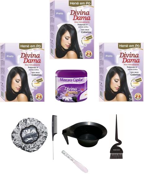 Imagem de Hene em Po Divina Dama 03x50gr Jaborandi (Incolor, Chocolate, Preto, Azulado, Castanho) kit 502