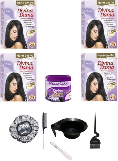Imagem de Hene em Po Divina Dama 04x50gr Jaborandi (Incolor, Chocolate, Preto, Azulado, Castanho) kit 502