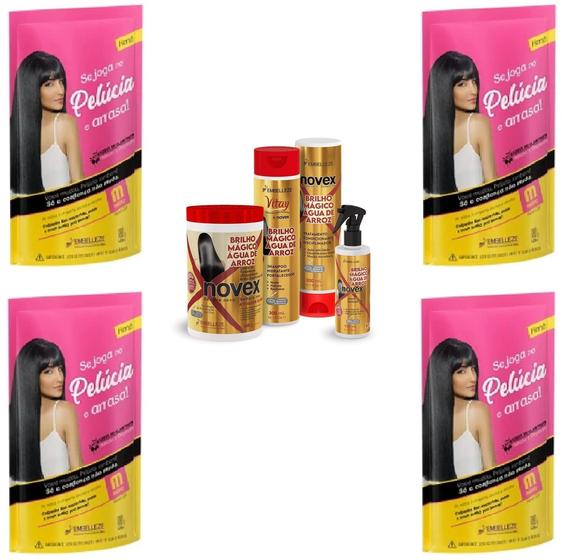 Imagem de Hene Gel Pelucia Preto Medio/Forte 04x180g Pouch/Bisnaga+Brilho Magico Agua de Arroz Kit 1Kg Incolor