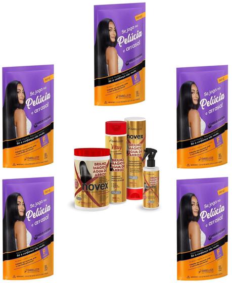 Imagem de Hene Gel Pelucia Preto Medio/Forte 05x180g Pouch/Bisnaga+Brilho Magico Agua de Arroz Kit 1Kg Incolor