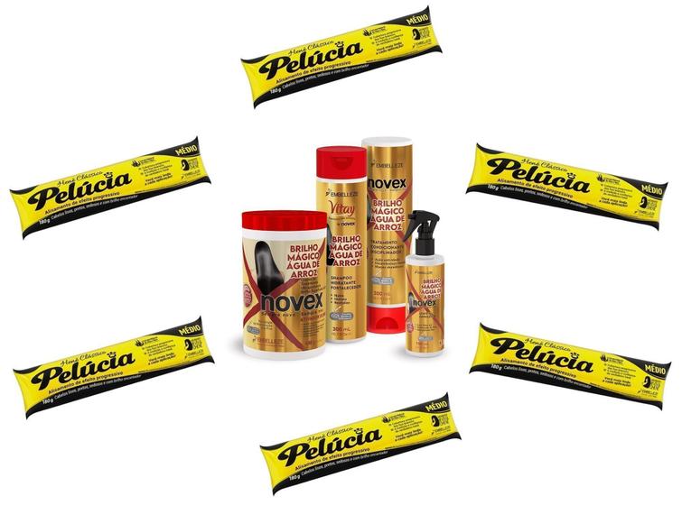 Imagem de Hene Gel Pelucia Preto Medio/Forte 06x180g Pouch/Bisnaga+Brilho Magico Agua de Arroz Kit 1Kg Incolor