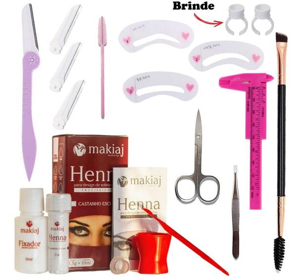 Imagem de Henna Design Sobrancelhas Profissional Pincel Kit Completo Hena Makiaj