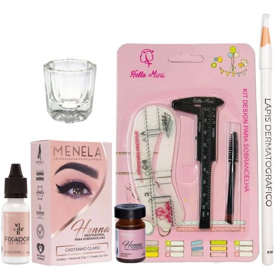 Imagem de Henna Menela Profissional e Kit Designer Sobrancelha Lapis Dermatografico Pincel Dappen Paquimetro