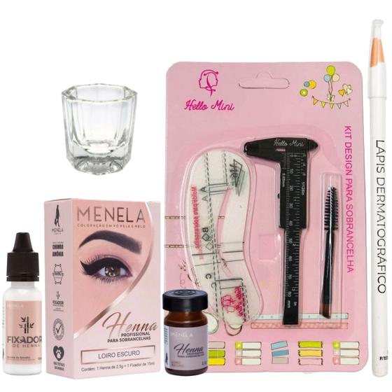 Imagem de Henna Menela Profissional e Kit Designer Sobrancelha Lapis Dermatografico Pincel Dappen Paquimetro