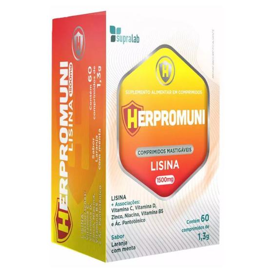 Imagem de Herpromuni L-lisina 1500mg Sabor Laranja com Menta 60 comprimidos mastigáveis Supralab