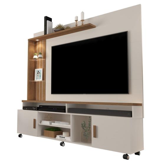 Imagem de Home Luxuosa Para Tv OffWhite/Canela Prateleiras de Vidro e Led