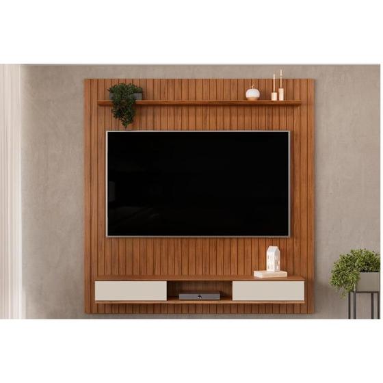Imagem de Home p/ TV até 70 Polegadas Lexus Ripado c/ Prateleira e Nichos179x183cm Freijó/Off White - DJ Móveis