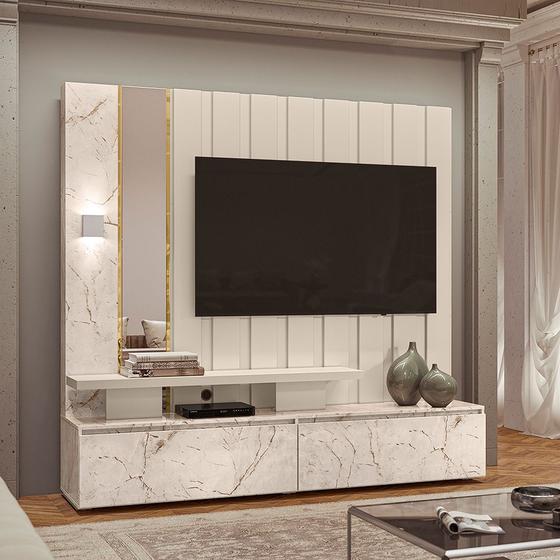 Imagem de Home Theater  Painel Estante Zeus para TV 65 Calacata/ Off White com LED e Espelhos - Madetec