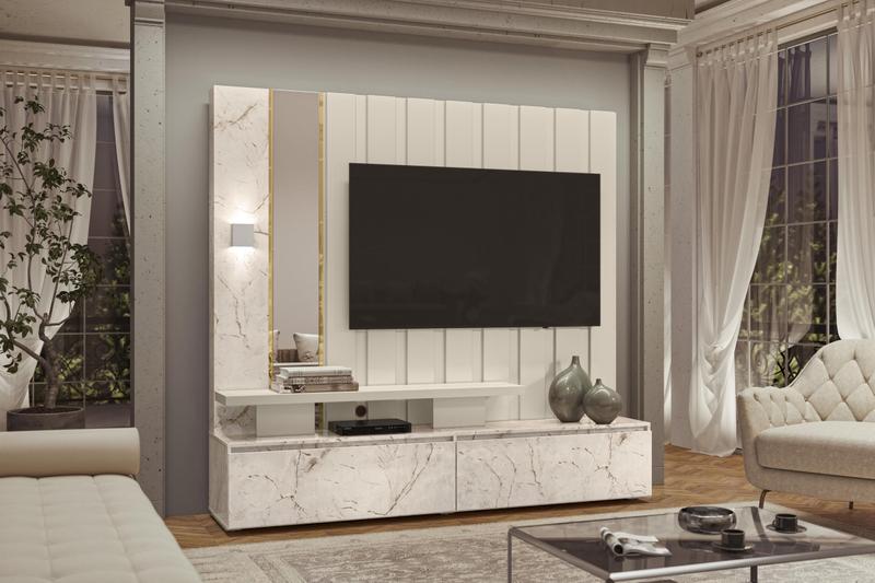 Imagem de Home Theater Painel Zeus para TV 65 Calacata/ Off White com LED e Espelhos - Madetec