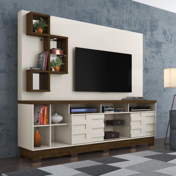 Home Theater Rack Com Painel 2 Portas 8 Prateleiras Luz LED Pés Sala