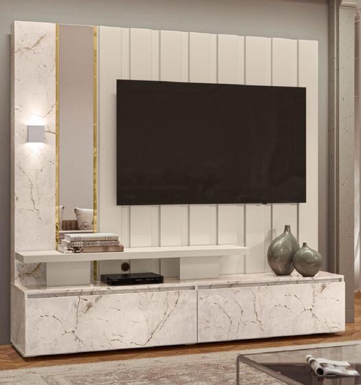 Imagem de Home Theater Zeus Painel com Detalhes Ripado, Led  e Espelho Calacata Off White Madetec 