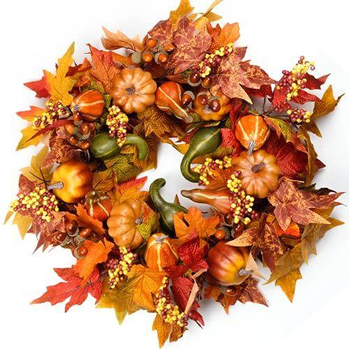 Imagem de HomeKaren Fall Wreaths para Porta da Frente 22 polegadas, Coroa de Porta de Outono com Abóbora, Maple Deixa Decorações do Festival de Ação de Graças de Outono Interior e Ao Ar Livre