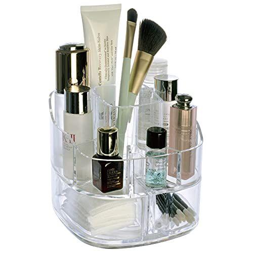 Imagem de Homhope 360 Organizador de maquiagem rotativo, vitrine de armazenamento cosmético acrílico, pequeno organizador de balcão de banheiro, rack de cuidados com a pele para vaidade, suporte transparente para pincel de maquiagem, batom