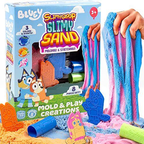 Imagem de Horizon Group USA Bluey SLIMYGLOOP Slimy Sand Mold & Play Creations, Playset de Areia Sensorial de 8 Peças, 3 Cores Perfumadas, Atividade Sensorial para Crianças de 3, 4, 5, 6, 7, 8, Multi