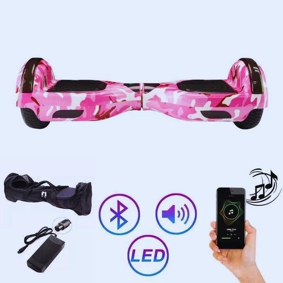 Imagem de Hoverboard Skate Elétrico 6.5 Rosa Camuflado Led Bluetooth com bolsa de transporte