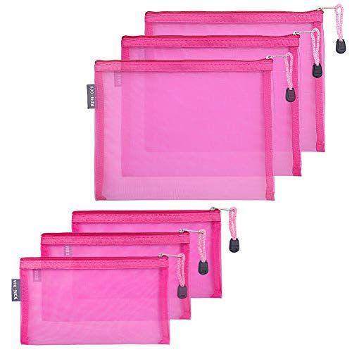 Imagem de HRX Pacote de malha de nylon sacos de maquiagem com zíper, 6PCS bolsas cosméticas caneta lápis organizador caso rosa quente para bolsa de viagem saco de fralda (A5 x 3pcs, A6 x 3pcs)