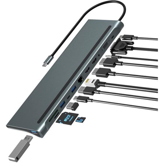 Hub Adaptador 12 Em 1 Tipo C Usb 3.0 Hdmi Rj45 Micro Sd Tf Menor preço em Hub Adaptador 12 Em 1 Tipo C Usb 3.0 Hdmi Rj45 Micro Sd Tf