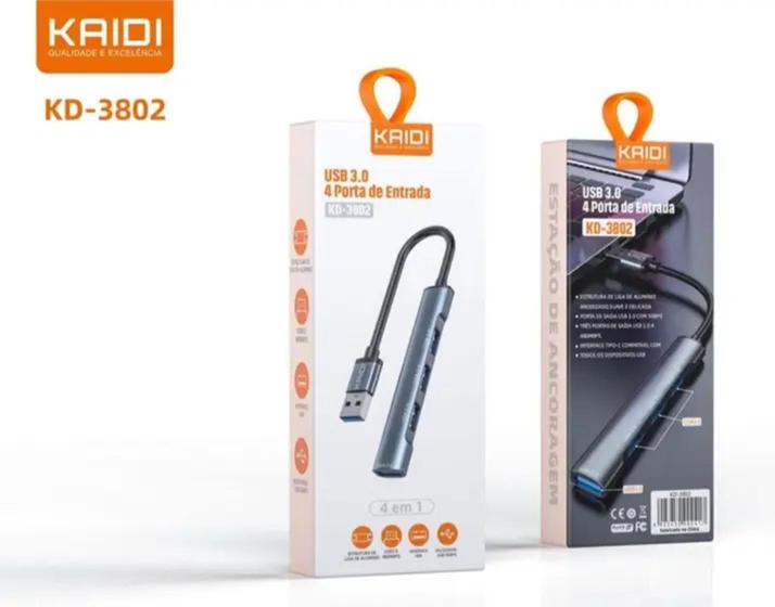 Imagem de Hub adaptador 4 portas usb 3.0 kaidi kd-3802 PC NOTEBOOK TABLET CELULAR  WINDOWS MOUSE TECLADO
