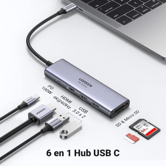 Imagem de Hub Adaptador Ugreen Usb 3.0 Leitor De Cartão Usb-C Pd 100W