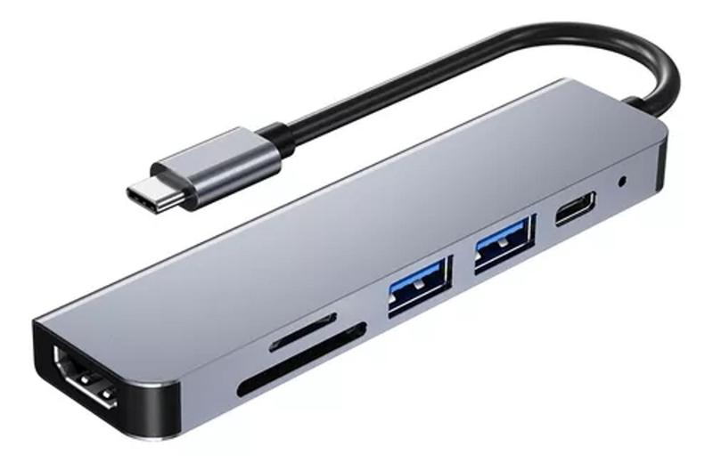 Imagem de HUB Adaptador USB-C 6 EM 1  Tipo-C/ PD/ USB3.0/ USB2.0/ HDTV/ TF/ SD