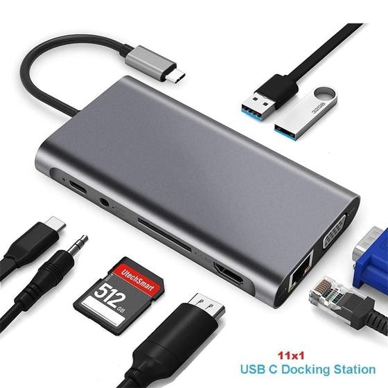 Imagem de Hub Docking Station 11X1 Adaptador Type C Lan Hdmi Vga Sd Pd