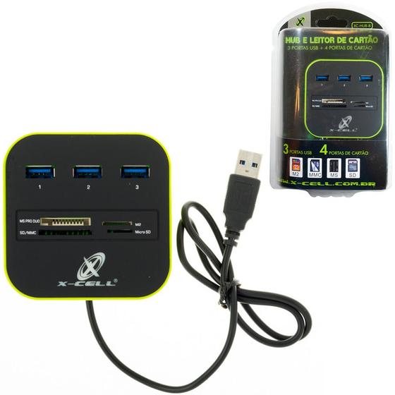 Hub e Leitor de Cartão de Crédito 3 Portas USB + 4 portas de Cartão Menor preço em Hub e Leitor de Cartão de Crédito 3 Portas USB + 4 portas de Cartão