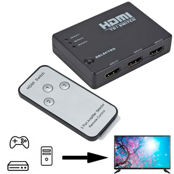 Imagem de Hub Hdmi 3x1 Seletor De Canal Com Controle Remoto 3 Entradas 1 Saída