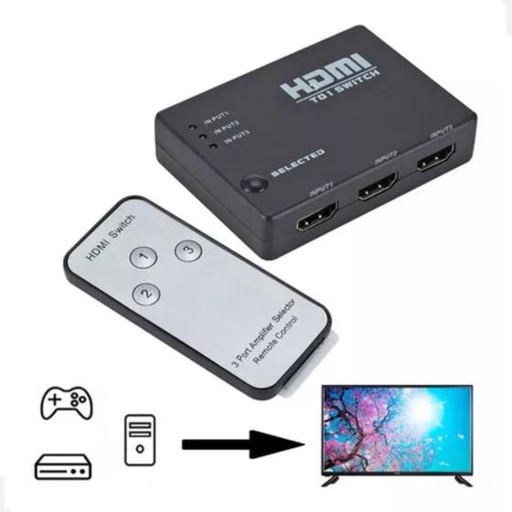 Imagem de Hub Seletor De Canal Hdmi 3x1 Com Controle Remoto 3 Entradas