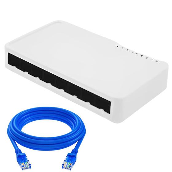 Imagem de Hub Switch Rj45 Internet 8 Portas 10/100 Mbps C/Cabo 3Metros